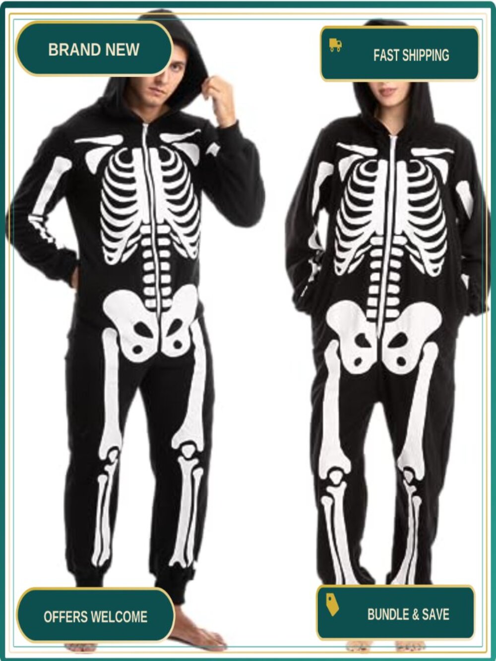 Unisex Skeleton Jumpsuit Costume Zip Hooded Halloween Party